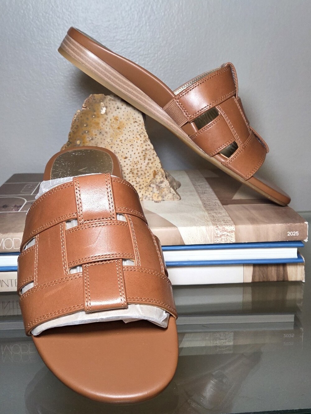 Vionic Glendora Tan Leather Slide Mules with Woven Straps